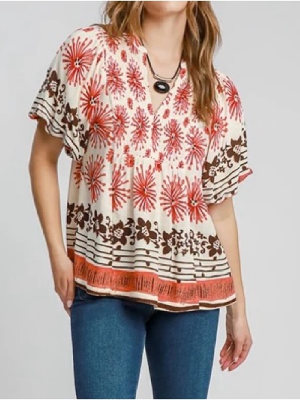 Umgee Cream Boho V-Neck Blouse with Coral & Brown Prints